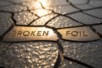 Broken metallic foil print with crack details in sunlight