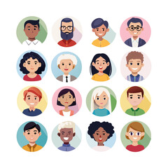 Vector people faces avatars collection. Set of illustrations with profile pictures of diverse cartoon characters. Men, women of different ages and ethnicities. User icons. See Less
