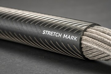 Macro photograph of stretched fabric fiber with STRETCH MARK text