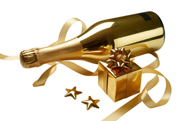 Golden champagne bottle with gift and ribbon isolated on transparent background