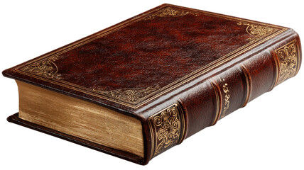 Vintage leather book with gold leaf embossing, representing knowledge, history, and classic literature, transparent background