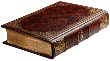 Vintage leather book with gold leaf embossing, representing knowledge, history, and classic literature, transparent background