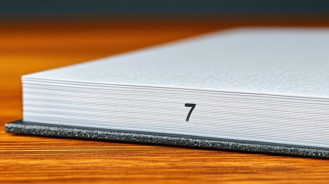 Close-up of a book with the number 7 printed on the pages, resting on a wooden table. The image is well-lit, highlighting the texture of the paper and the book'