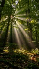 Obraz premium Sunlight Streaming Through the Forest Canopy - A Serene Woodland Scene.