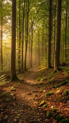Obraz premium Sunlit Path Through a Dense Forest with Towering Trees.