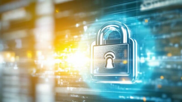 Cyber Fortress: Illustrating digital security, a luminous padlock glows, symbolizing the safeguarding of sensitive data in the face of cyber threats.