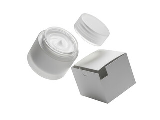 Cosmetic cream jar with lid and packaging box floating in air isolated on transparent background