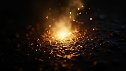 Bright golden light emanates from a textured, dark surface, creating a vibrant focal point amidst a moody, dimly lit background, with blurred bokeh particles adding depth and visual interest to the...