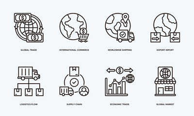Global Trade Network Illustration Banner Including International Commerce Icons, Worldwide Shipping Paths, Export Import Processes, Logistics Flow Design, Supply Chain Systems, and Global Market 