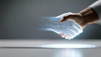 A digital handshake symbolizing a partnership, collaboration, and agreement. The image features a glowing handshake with one person&rsquo;s hand reaching out to meet another&rsquo;s.