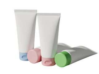 Four blank white cosmetic cream tubes with colorful caps in blue, pink, and green, isolated on transparent background