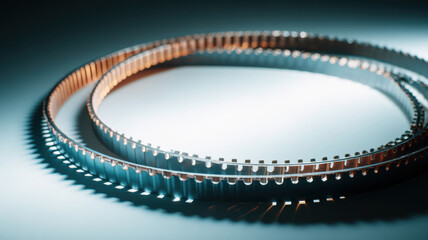 Two metal belts with intricate teeth on a smooth surface. These belts appear to be durable and are possibly part of a machine