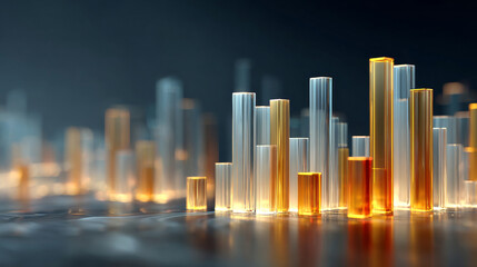 3D abstract financial bar chart with glowing data visualization on blue background