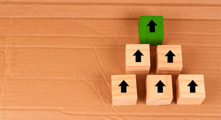 A leadership elevation concept featuring a prominent top arrow block symbolizing strategic guidance, coordinated progress and collective direction.
