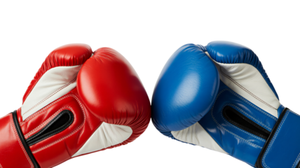Red versus blue boxing gloves faceoff, intense sports competition concept
