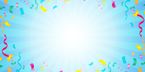Sunburst background illustration with ribbons and confetti. (light blue, Landscape)