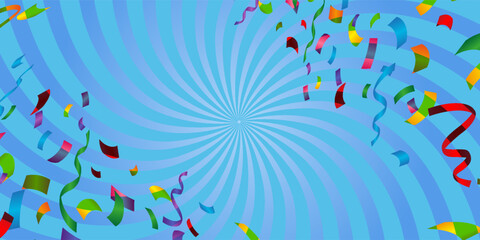 Sunburst background illustration with ribbons and confetti. (light blue, Landscape)