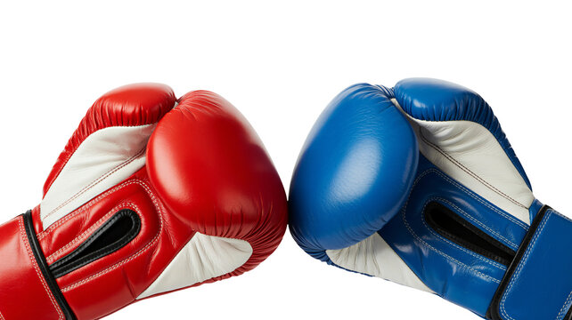 Red versus blue boxing gloves faceoff, intense sports competition concept