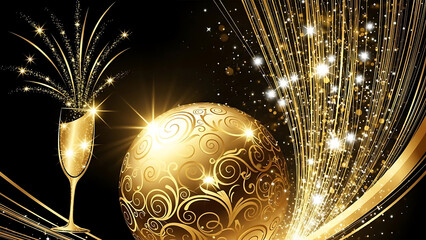 Golden champagne glass with ornate sphere and sparkling fireworks image