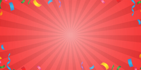 Sunburst background illustration with ribbons and confetti. (red, 16:9)