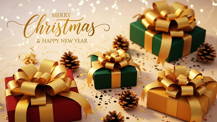 Red green gold Christmas gifts pine cones gold ribbon bokeh lights present