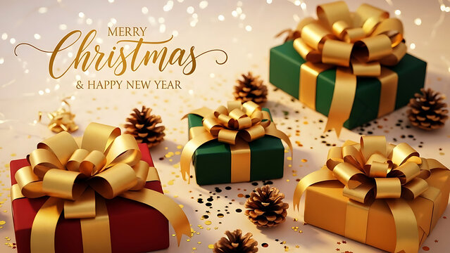 Red green gold Christmas gifts pine cones gold ribbon bokeh lights present