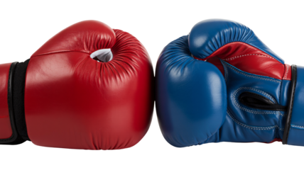 Red versus blue boxing gloves head to head, ready to rumble and compete