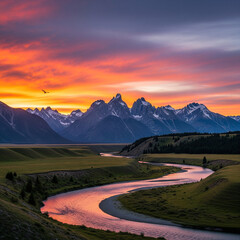 Fototapeta premium Dramatic sunset over mountain range and river landscape with vibrant colors