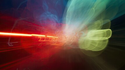 Dynamic abstract composition features vibrant streaks of red and orange light traversing through a blurred, colorful backdrop of teal, green, and dark hues, creating a sense of energy and motion.