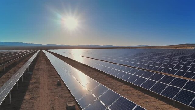 Solar panels in a field under a clear blue sky with the sun shining.