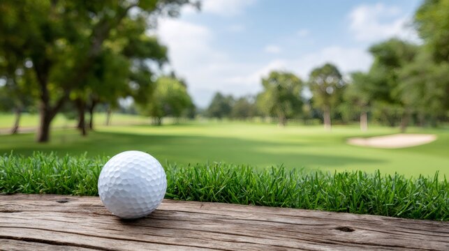 Golf ball resting on wood with course background