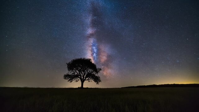 Lone tree silhouetted against a vibrant Milky Way sky at night.