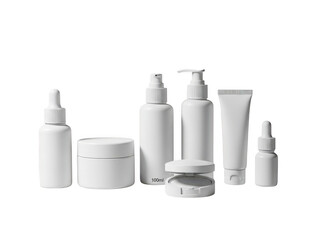 Collection of various white cosmetic packaging mockup items including dropper bottle, jar, pump dispenser, and tube isolated on transparent background