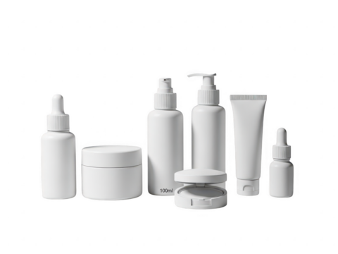 Collection of various white cosmetic packaging mockup items including dropper bottle, jar, pump dispenser, and tube isolated on transparent background - Powered by Adobe