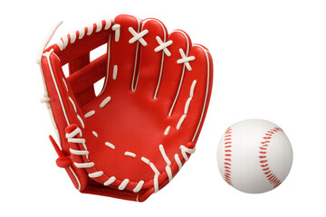 Red baseball catcher's mitt and white stitched ball for sports games, training, and athletic competition, isolated on transparent background