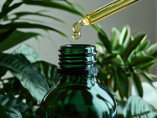 Close-up of essential oil dropper dispensing into dark green glass bottle against soft grey background with lush houseplants, conveying natural organic vibe for wellness lifestyle advertising and pack