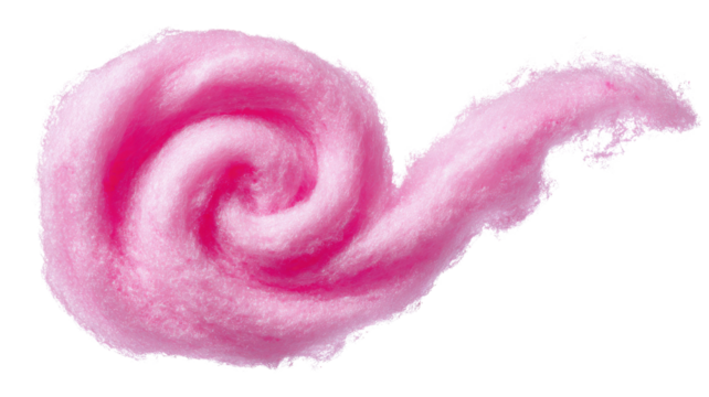 Pink cotton candy forming a sweet fluffy swirl. Delicious sugar confection, isolated on transparent background