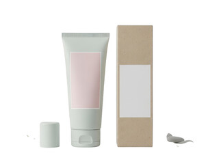 Mockup of light green cosmetic tube with pink label next to brown cardboard box and small product sample isolated on transparent background
