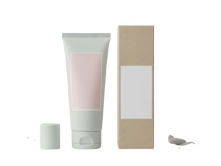 Mockup of light green cosmetic tube with pink label next to brown cardboard box and small product sample isolated on transparent background