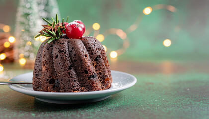 Christmas pudding, fruit cake. Traditional festive dessert. Green background with lights garland. Close up. Copy space