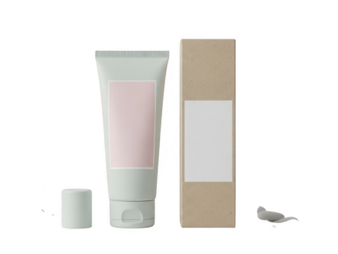 Mockup of light green cosmetic tube with pink label next to brown cardboard box and small product sample isolated on transparent background - Powered by Adobe