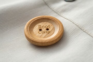 Close up of a carved bamboo button with Root Clasp engraved