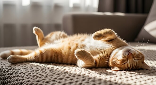 Ginger cat sleeping on its back with paws up on a cozy blanket in warm sunlight for a peaceful relaxation concept and domestic comfort