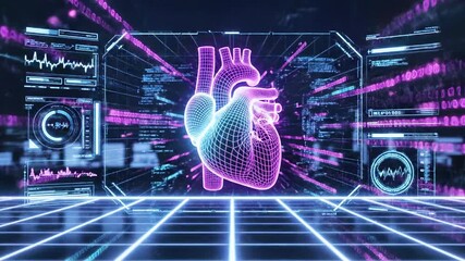 A futuristic display presents a wireframe heart amidst data streams and tech interfaces - Powered by Adobe