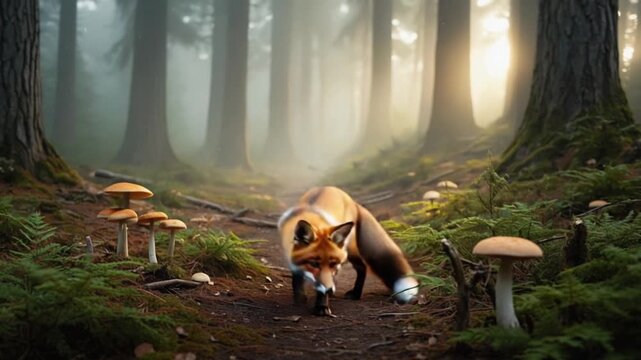 A fox sitting on a path in a foggy forest with mushrooms and tall trees around it looking forward fox video
