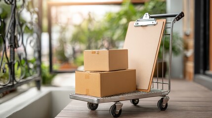 Delivery cart with stacked cardboard boxes and clipboard, placed on wooden surface, surrounded by greenery, representing efficient parcel delivery and courier services in a modern environment