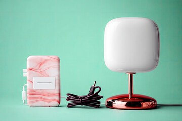 A modern lamp and charger with a cord are displayed on a teal background. The lamp is white with a copper base and the charger has a pink marble design.