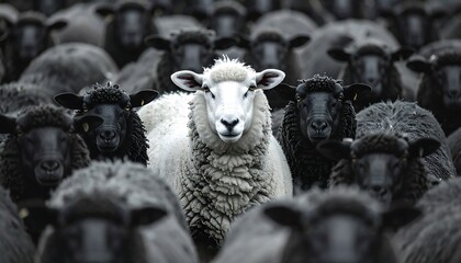 A white sheep stands out boldly in a close-up shot among a flock of dark, mostly black, sheep