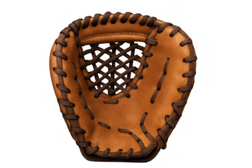Baseball glove made of brown leather, used for catching balls in game play, isolated on transparent background