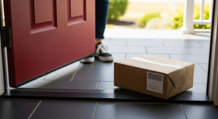 Package delivery at home, showing a cardboard box placed on the doorstep, with a person standing nearby, highlighting the convenience of courier services and online shopping experience